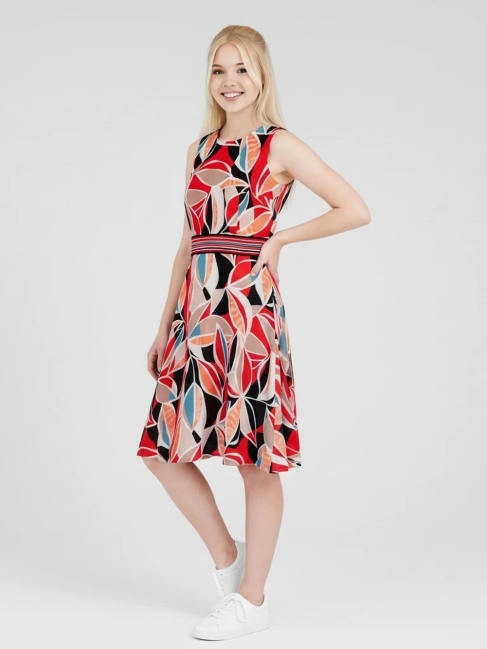Chetta B Sleeveless Multi Color Leaf Print Fit & Flare Dress